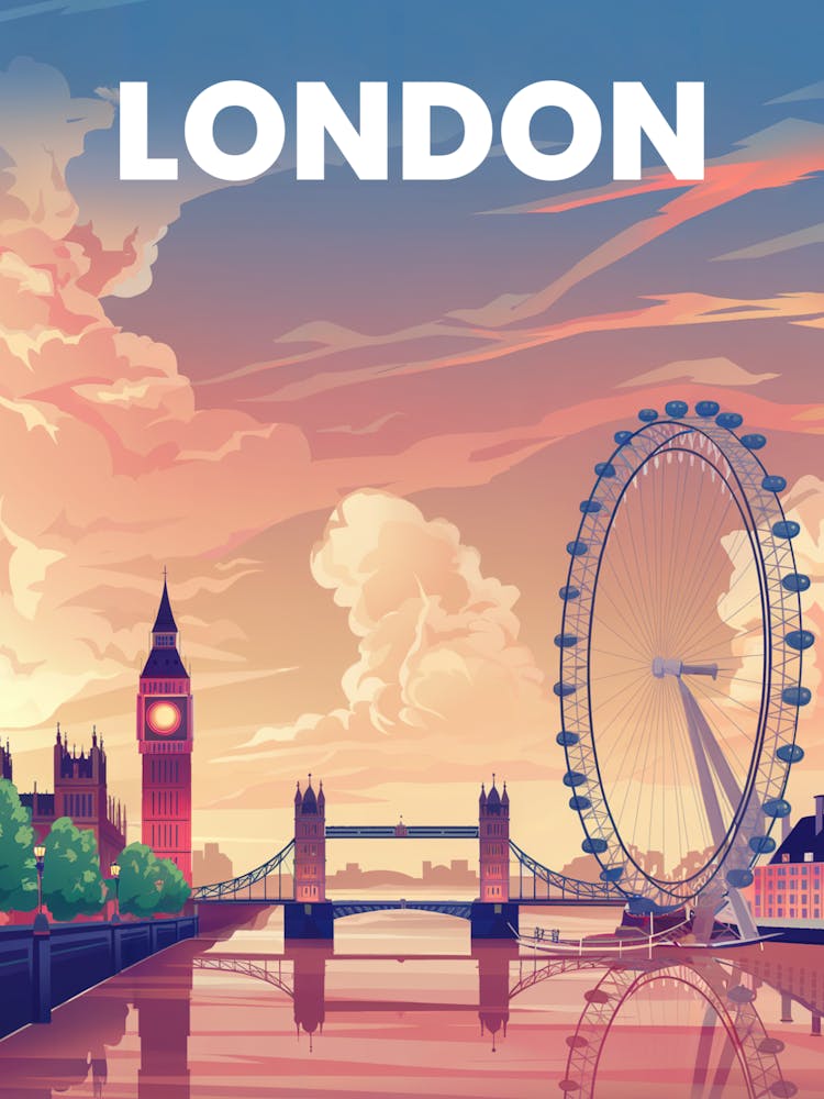 Anime Canvas Art: Iconic London Skyline with Big Ben, Tower Bridge, and the London Eye at Sunset, Perfect for Lofi Aesthetic and Urban Art Lovers.