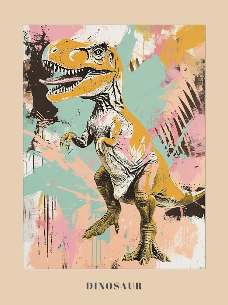 Retro Pastel Paint Splash Dinosaur Poster