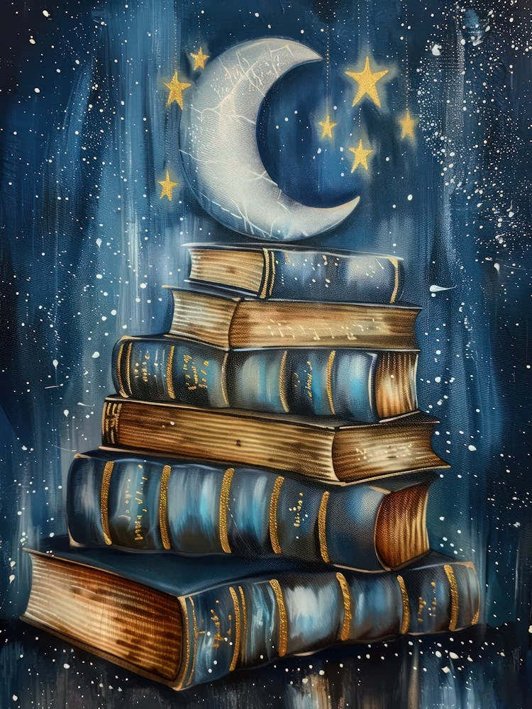 Books Moon Stars Reading Nook Print Fantasy Print Cozy Home