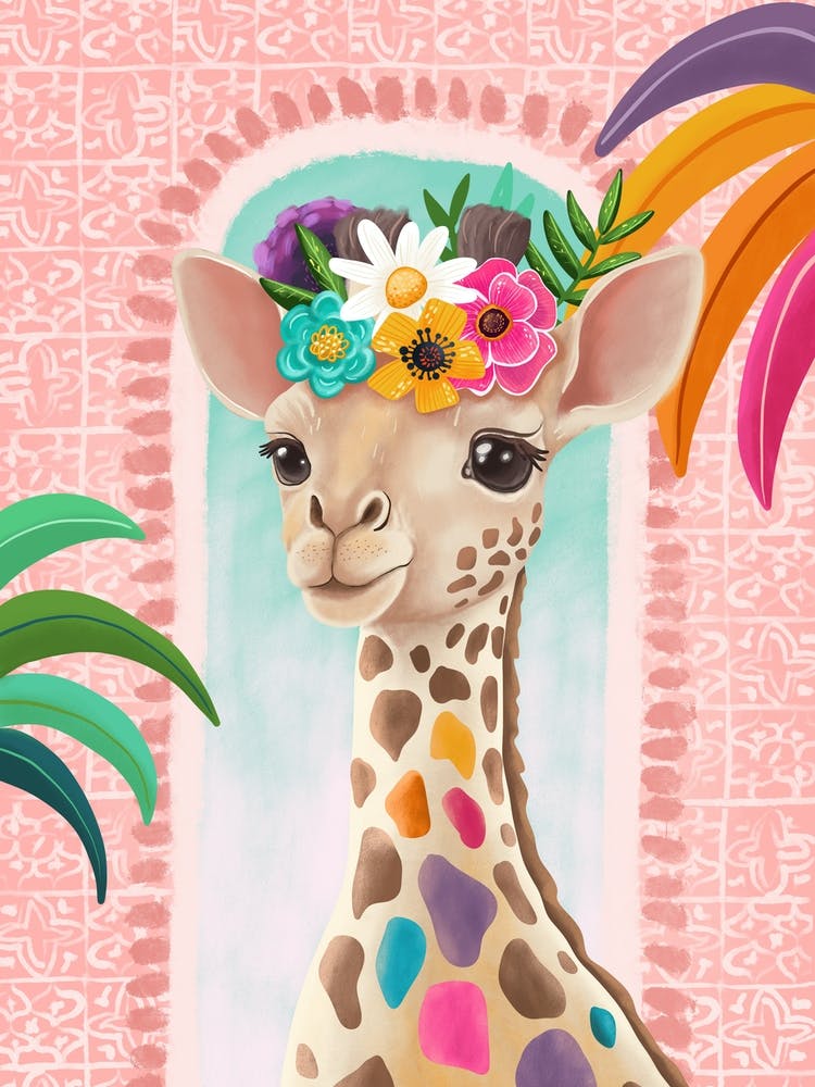 Giraffe With Flowers Floral Tropical Illustration