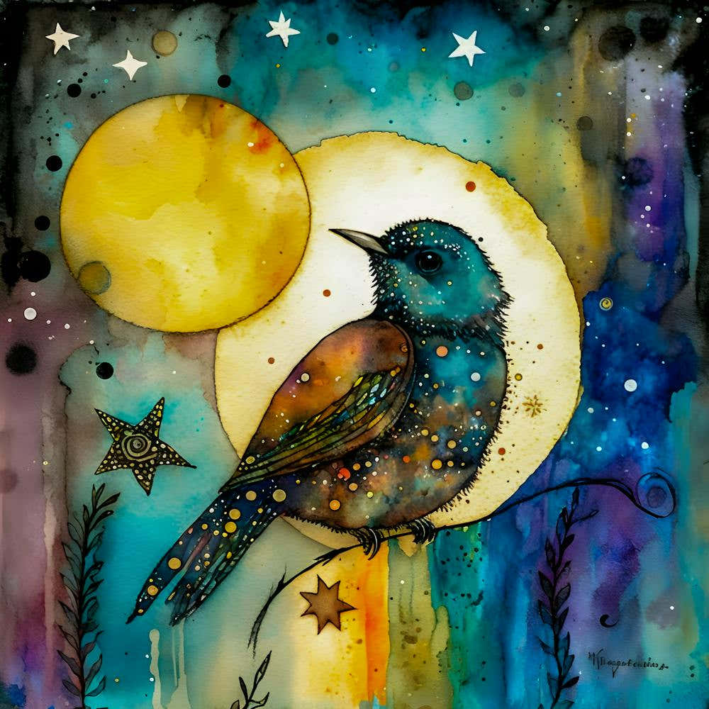 Dreamy Night Flight – Surreal Watercolor Bird With Cosmic Glow