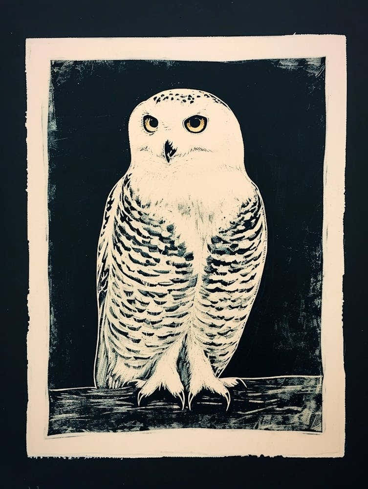 Snowy Owl Linocut Blockprint 1