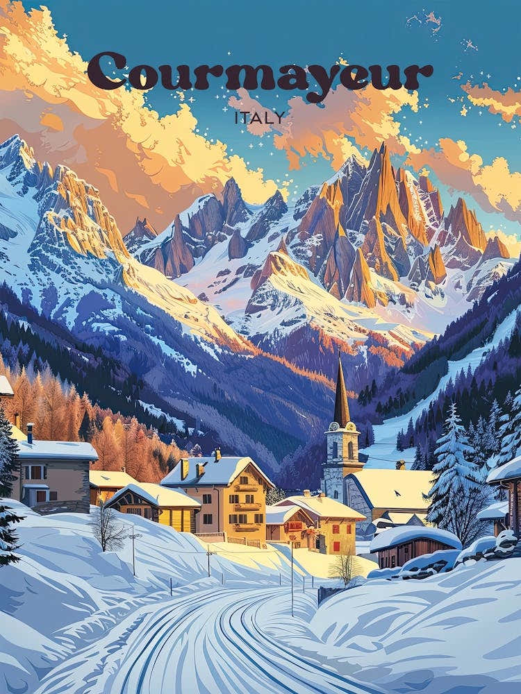 Courmayeur Italy Ski Vacation Travel Illustration