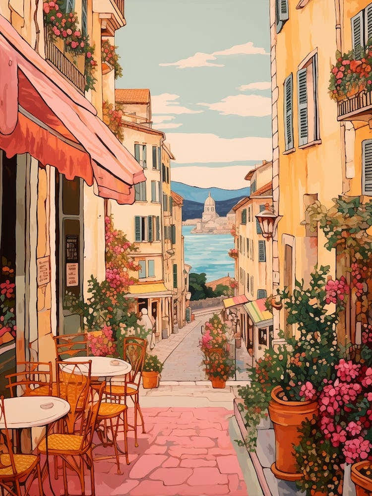 Cannes France 7 Vintage Pink Travel Illustration