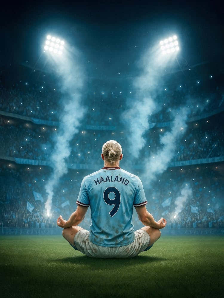 Erling Haaland Poster – Zen Celebration & Goal Focus: Erling Haaland in full focus – captured in his iconic meditation celebration after another unstoppable goal. From Norway to Manchester City, Premier League to Champions League, this stadium moment hono