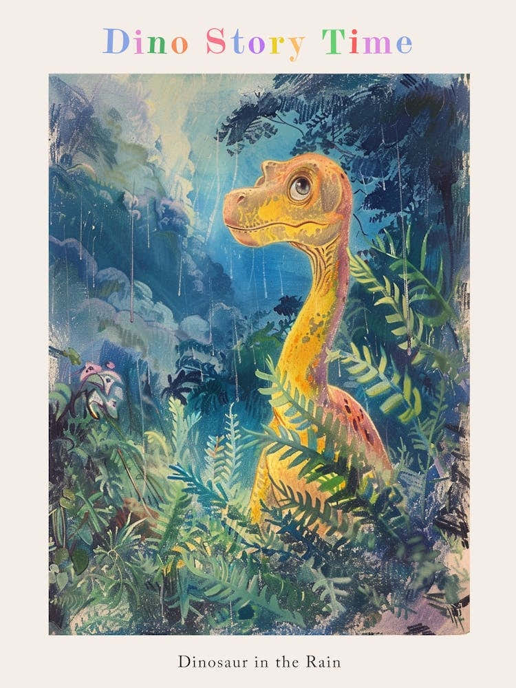Dinosaur In The Rain Watercolour Illustration 1 Poster