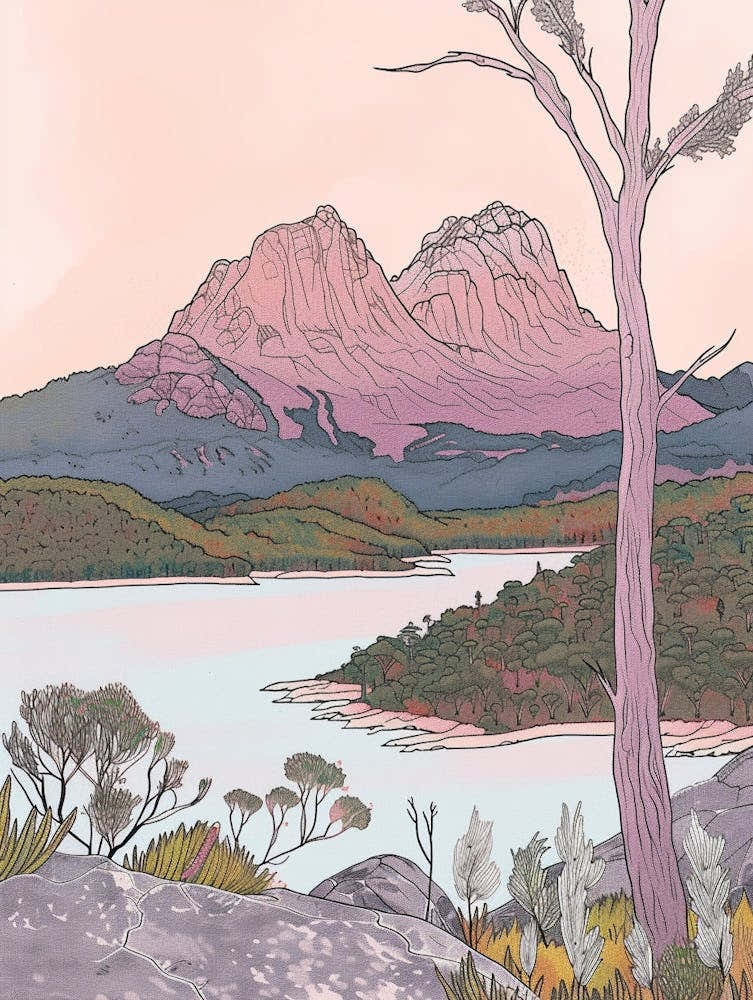 Cradle Mountain Australia Color Line Drawing (5)