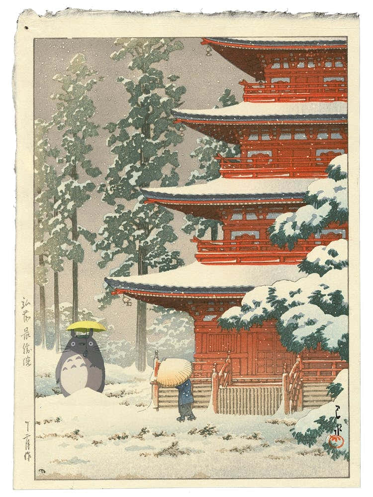 Totoro in the Snow - Japanese Print - Studio Ghibli Mashup