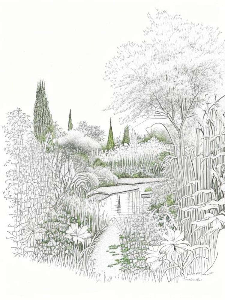 Claude Monet’S Garden, France Vintage Pencil Drawing