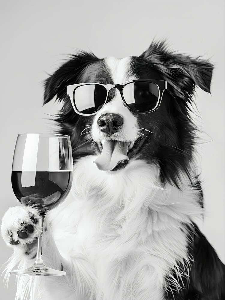 Border Collie Holding Red Wine Wall Art, Black And White Print, Dog Gift, Alcohol Print, Funny Poster, Bar Cart Print, Kitchen Wall Decor