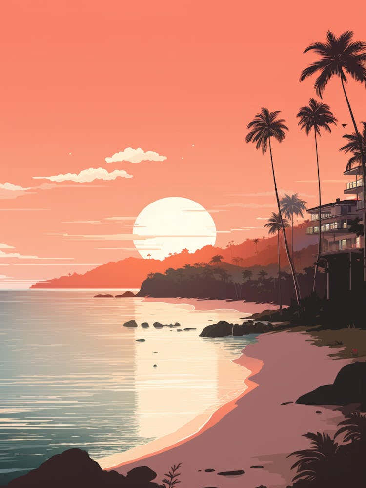 Illustration Of Half Moon Bay Antigua In Pink Tones 2