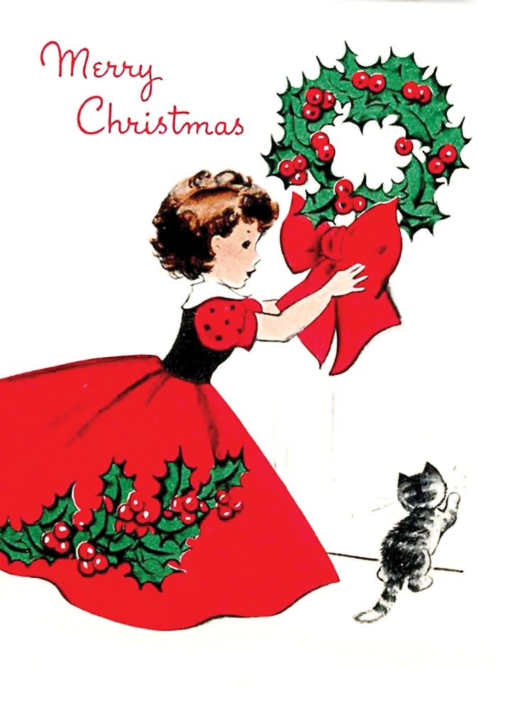 Young Girl In Red Dress And A Christmas Wreath