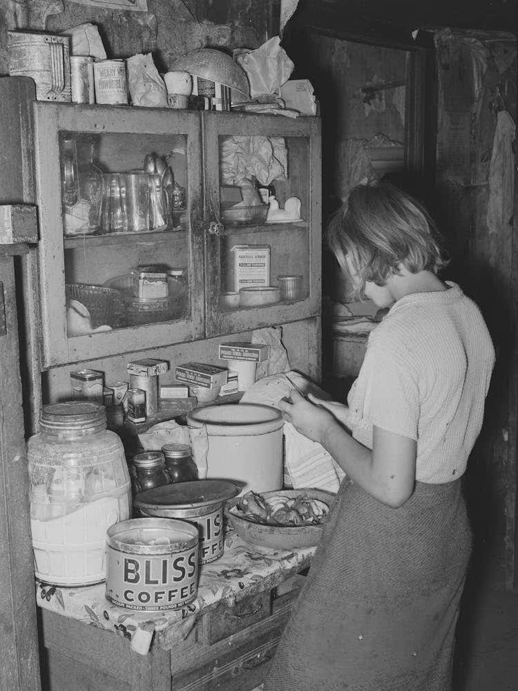 Daughter Of Tenant Farmer Peeling Potatoes For Noonday Meal, Near Muskogee, Oklahoma, See General