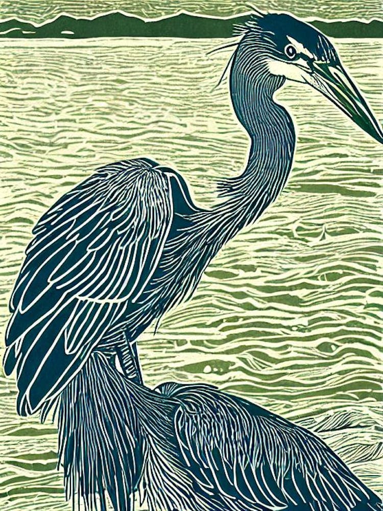 Great Blue Heron Linocut Bird