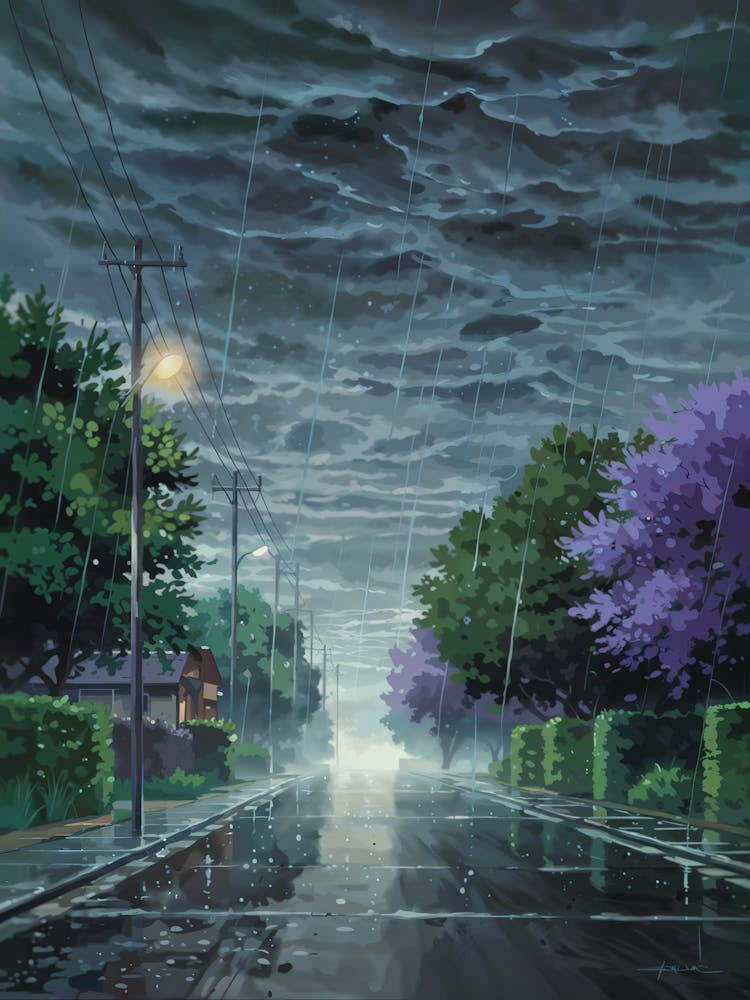 Anime Canvas Art: Moody Rainy Suburban Street with Storm Clouds and Reflections, Perfect for Lofi Aesthetic and Atmospheric Urban Art Fans.