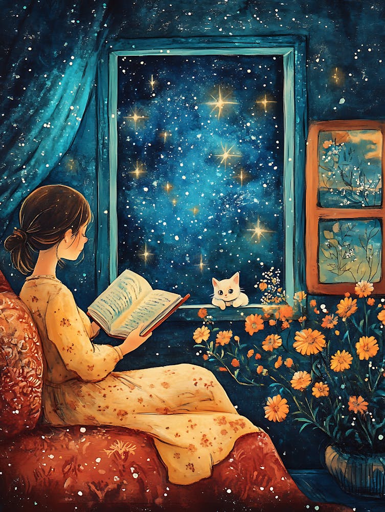 Girl Reading Book with Her Cat 7