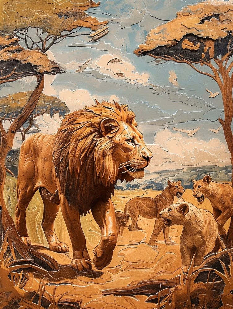 African Lion Relief Illustration Interaction 2