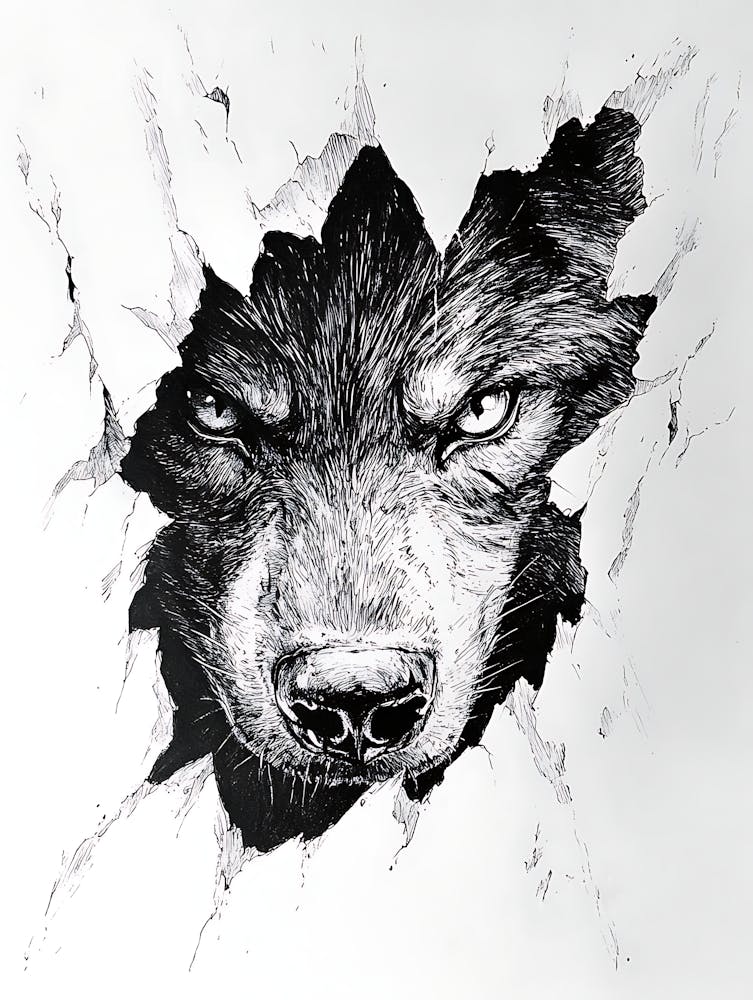 Angry Wolf Watching from Wall Hole 12