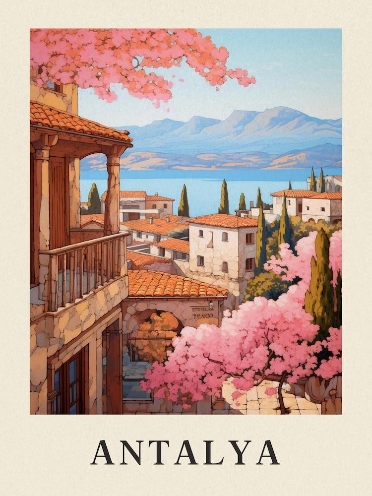 Antalya Turkey 3 Vintage Pink Travel Illustration Poster