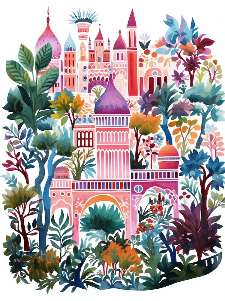 Tivoli Gardens Italy Modern Illustration 1
