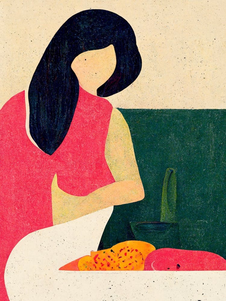Girl Sitting In A Kitchen With A Bowl Of Fruits