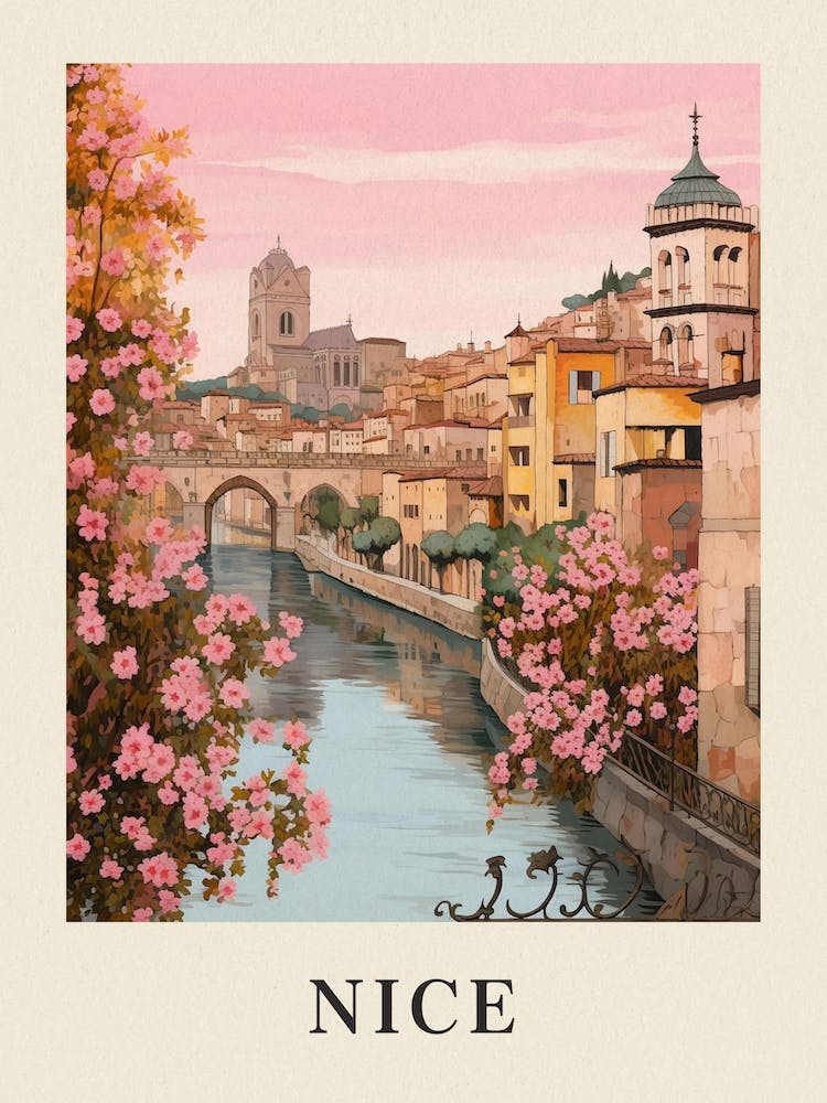 Nice France 5 Vintage Pink Travel Illustration Poster