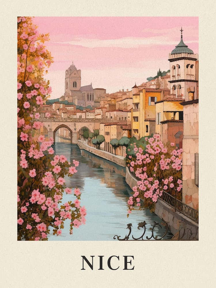 Nice France 5 Vintage Pink Travel Illustration Poster