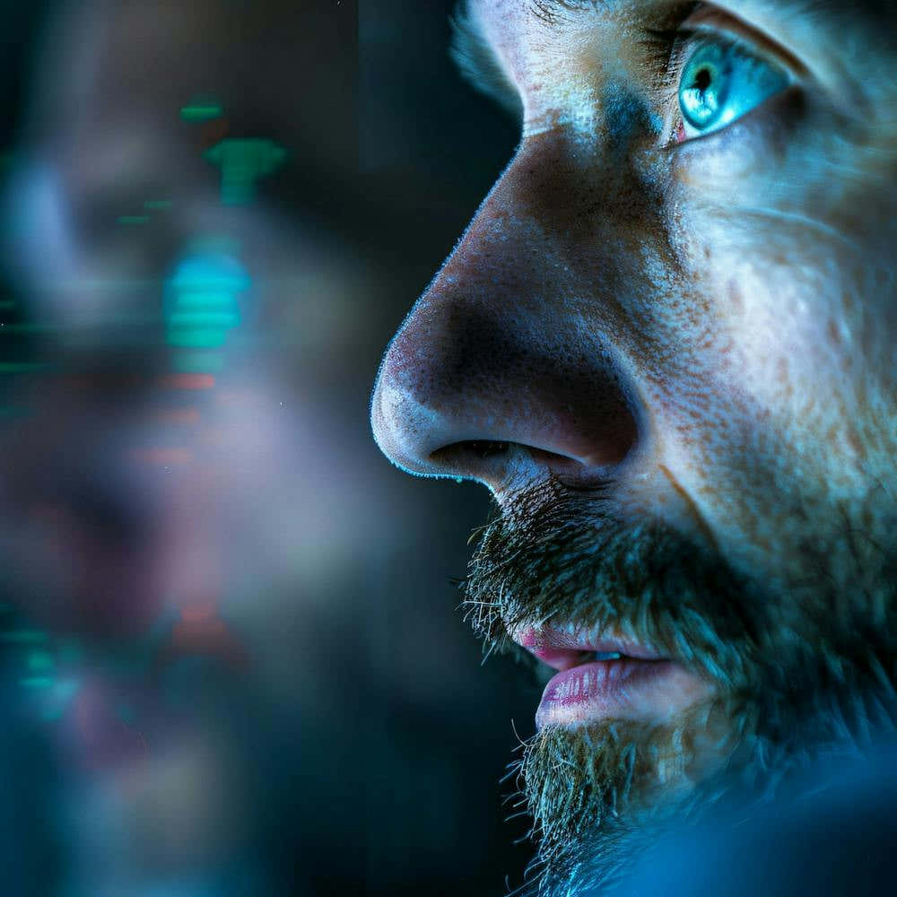 Close Up Of A Man Looking At A Computer Screen