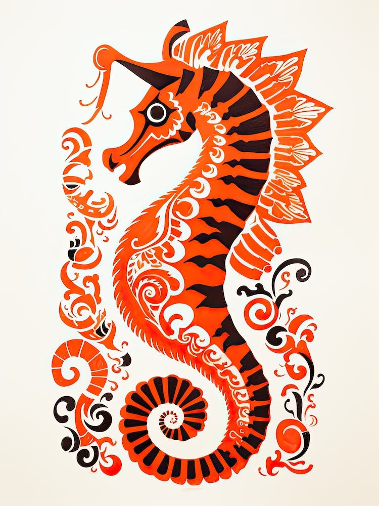 Seahorse, Woodblock Animal Drawing 3