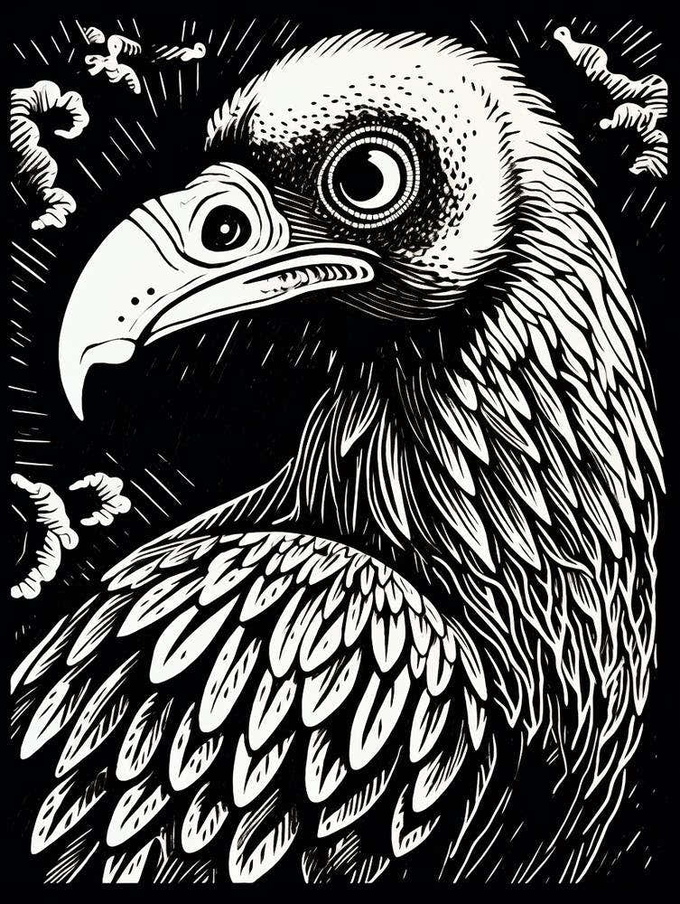 B&W Bird Linocut Vulture 1