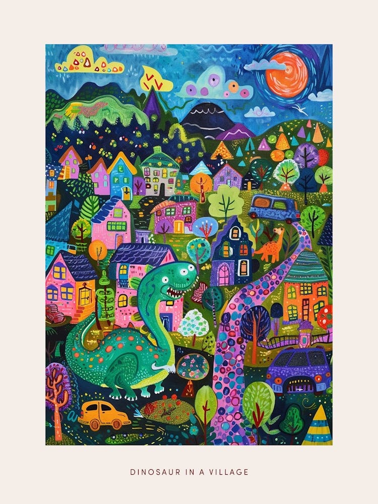 Cute Colourful Dinosaur In A Village 1 Poster