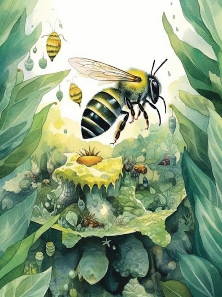 Green Metallic Sweat  Bee Beehive Watercolour Illustration 3