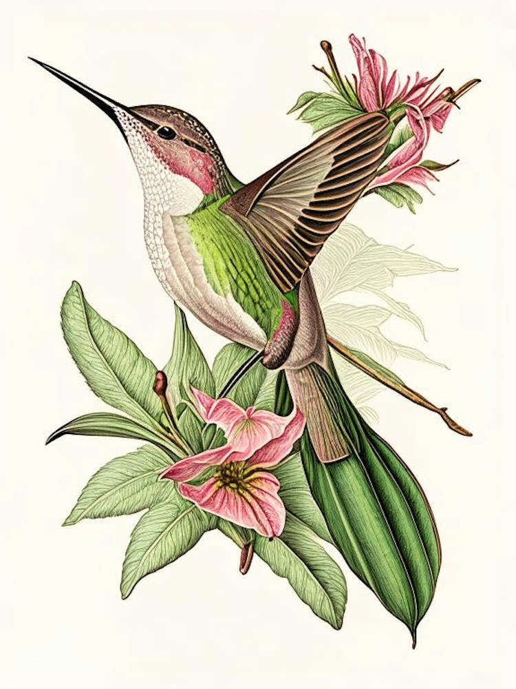 Buff Bellied Hummingbird Vintage Botanical Line Drawing