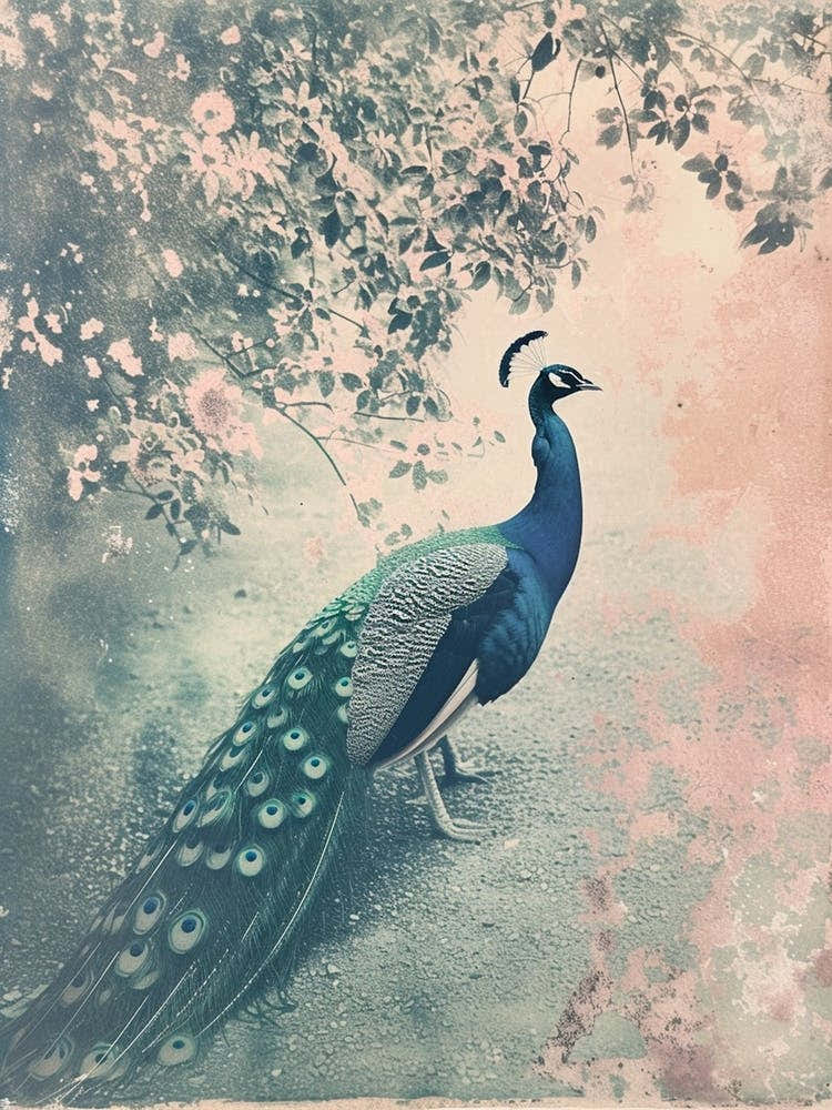Vintage Peacock On A Path Cyanotype Inspired 2