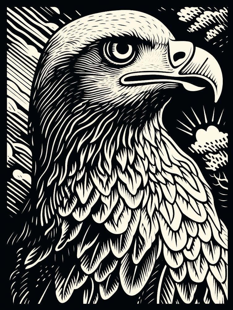 B&W Bird Linocut Golden Eagle 1