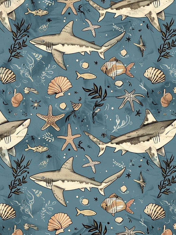 Pastel Angel Shark Watercolour Seascape Pattern 1