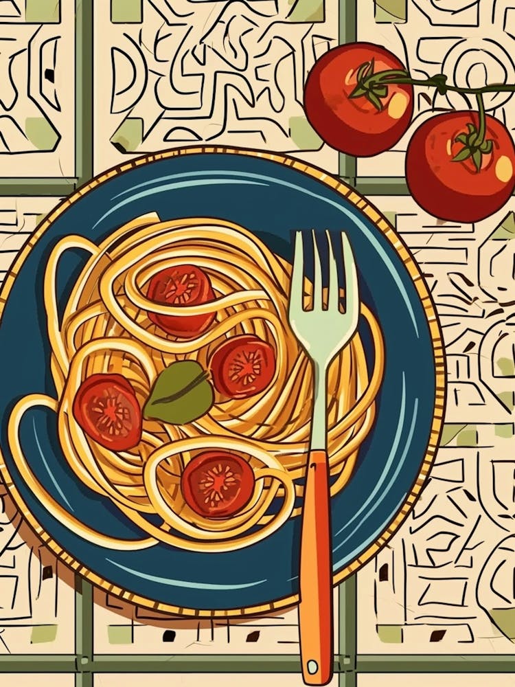 Spaghetti & Tomatoes On A Tiled Background
