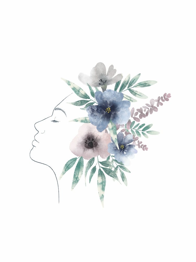 Woman Head with Watercolour Flowers Mental Health Print