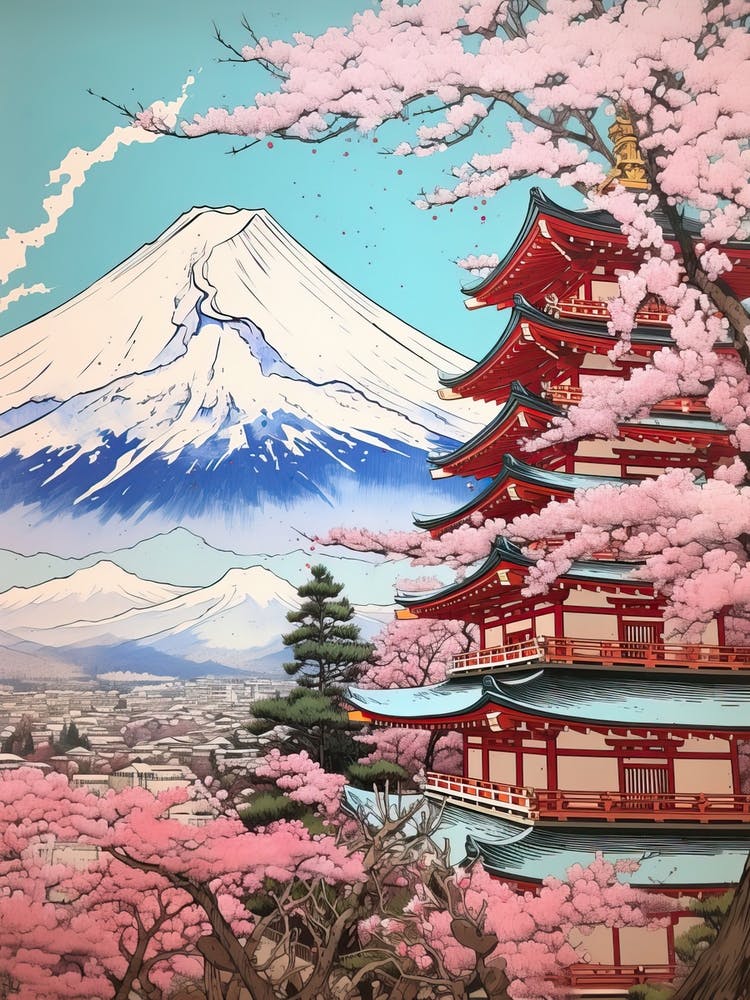 Chureito Pagoda In Yamanashi, Ukiyo E Drawing 1