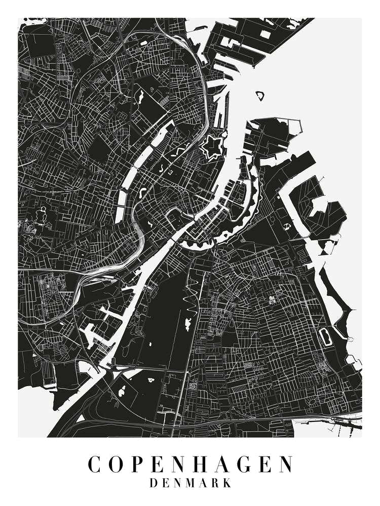 Copenhagen Denmarl Minimal Black Mono Street Map