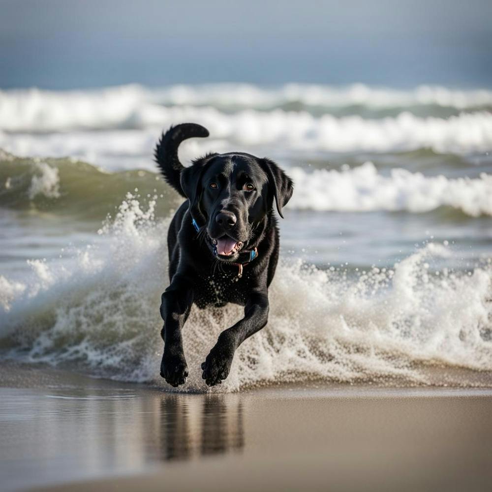 Black Labrador Retriever Running On The Beach
