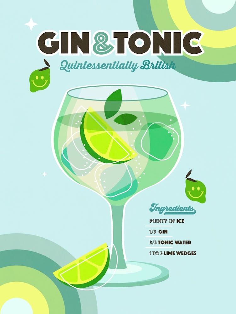 Gin and Tonic cocktail - Retro rainbow blue and lime green