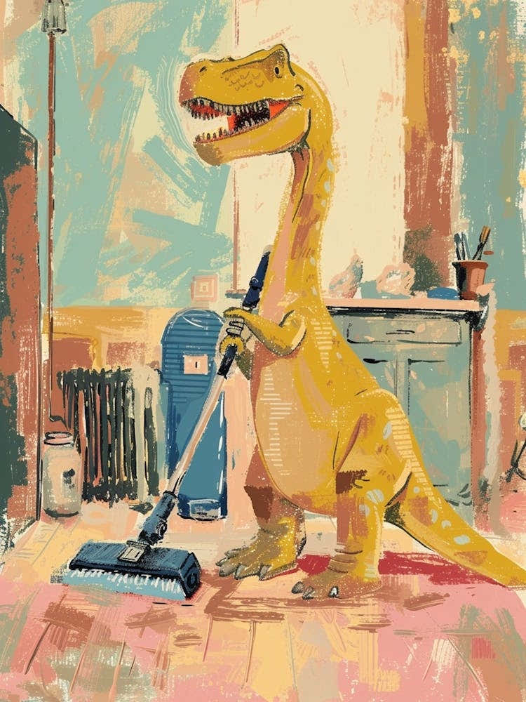 Pastel Dinosaur Cleaning The House