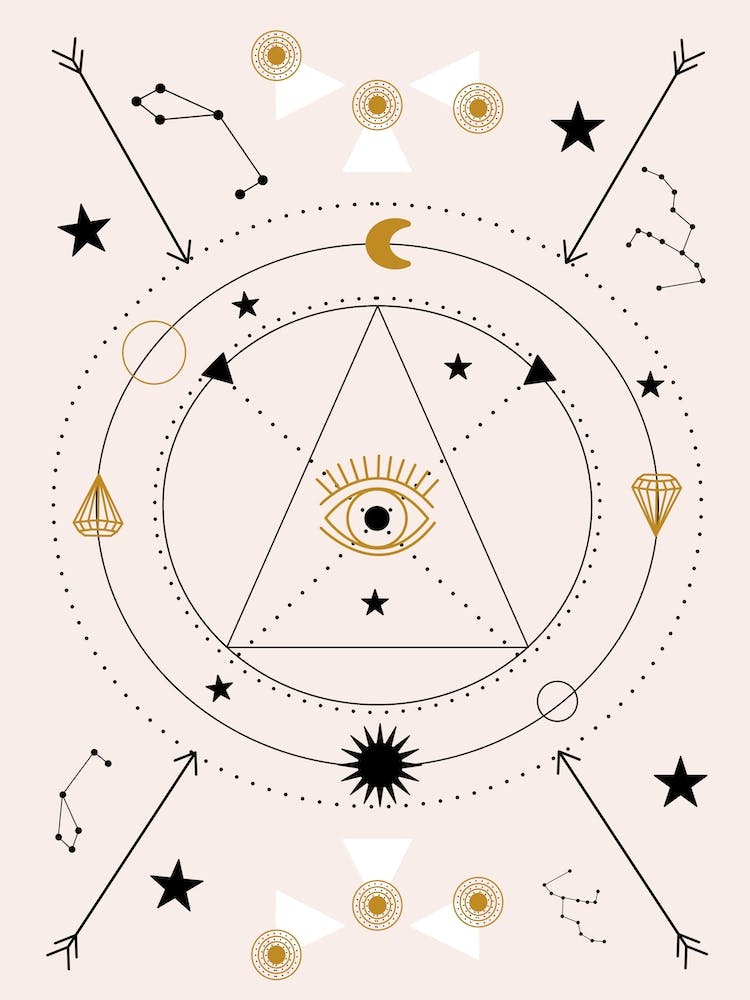 Devil Eye And Celestials  In A Geometric Composition