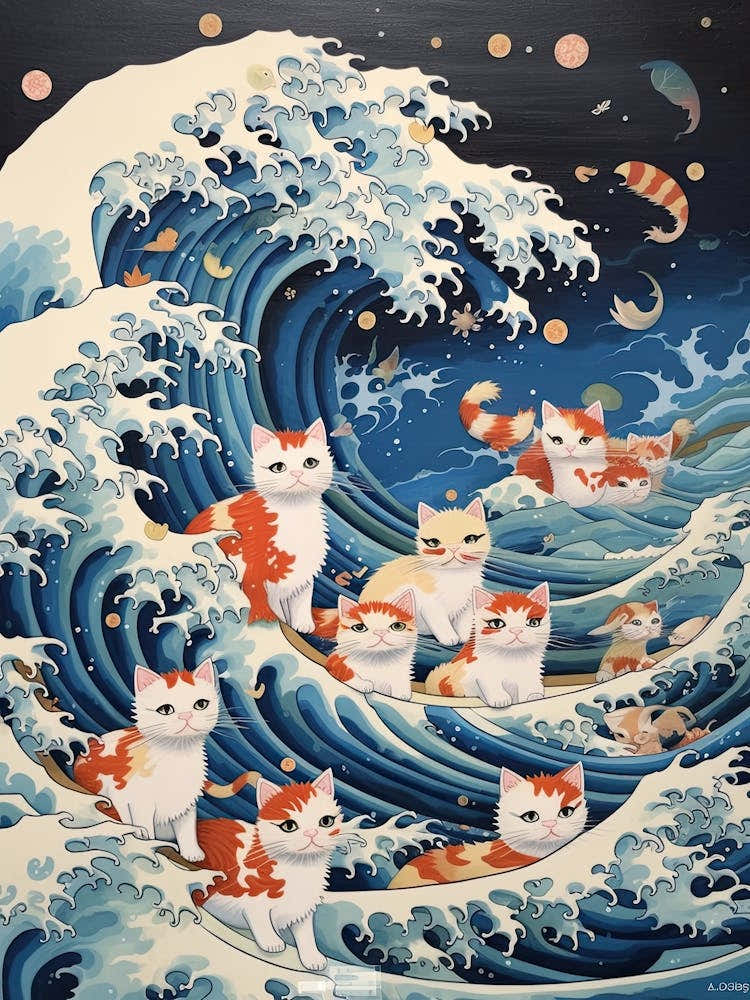 The Great Wave Off Kanagawa White Tan Cats Kitsch