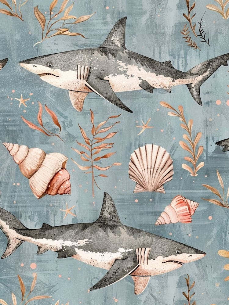 Pastel Blue Bamboo Shark Watercolour Seascape Pattern 2