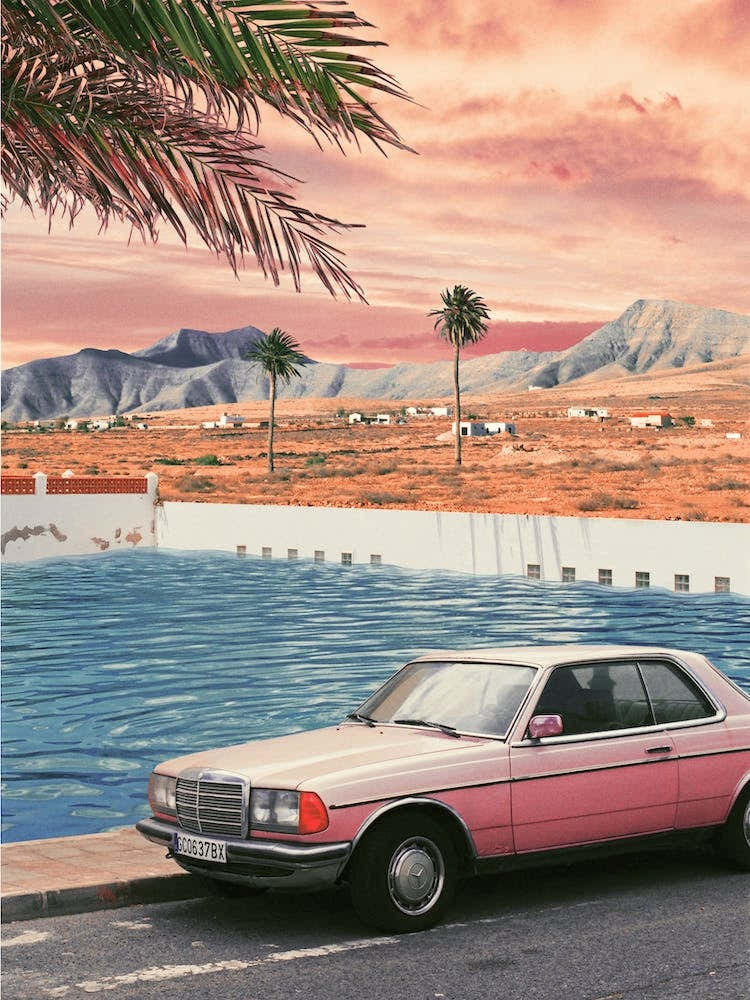 Pink Vintage Car In Front Of The Pool With Palm Trees