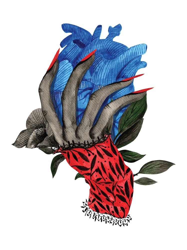 Hand holding anatomical heart gothic art illustration