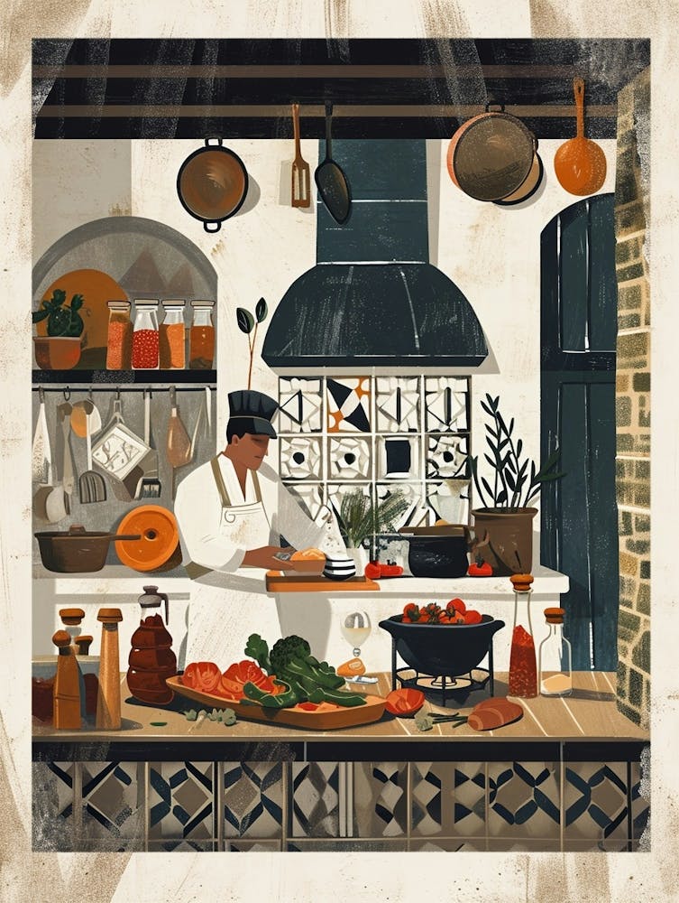 Chef In A Geometric Kitchen Illustration