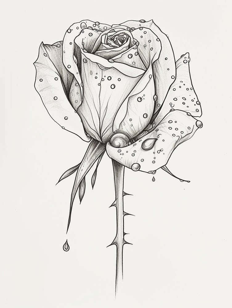 English Rose Dew Line Drawing 3